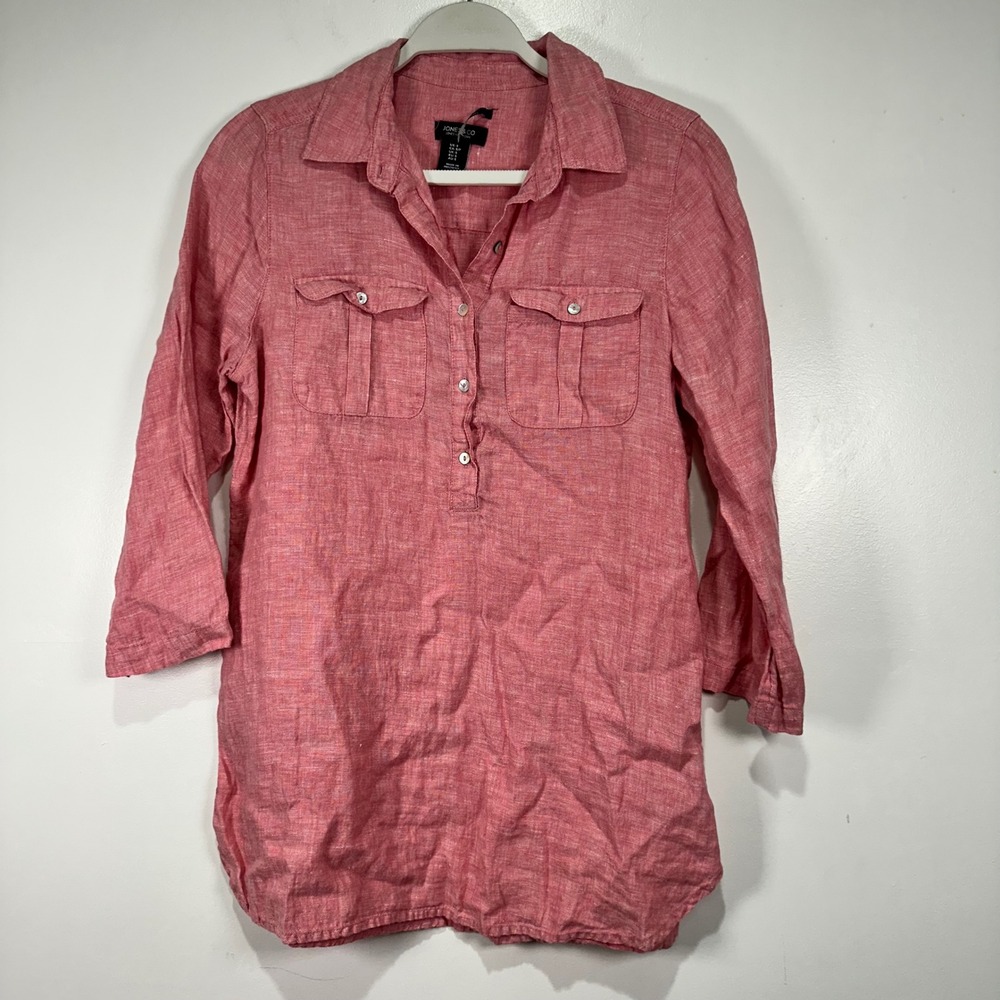 Jones & Co Linen Tunic Top Women's Pink 3/4 Sleeve Button Down Shirt